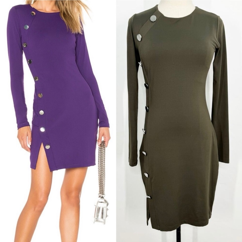 Susana Monaco Button Detail Dress Olive Green Long Sleeve Bodycon Office Size S
